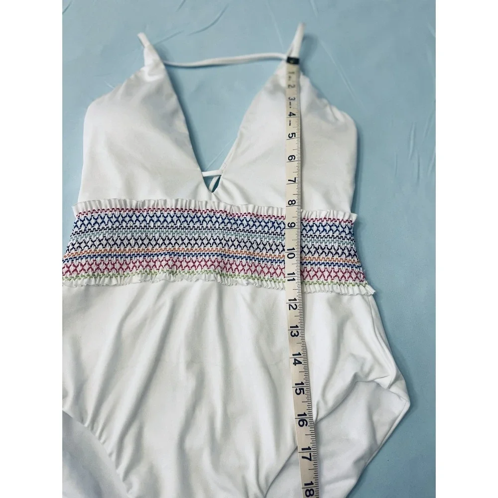 Bar III Swimsuit Womens Small White One Piece Smocked Waist Multicolor Trim Swim